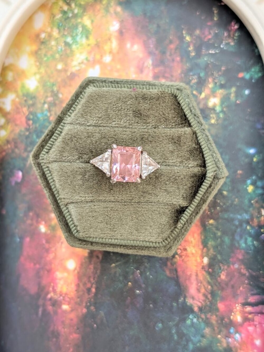 Vintage Art Deco Style Sparkling Pink & Clear CZ Ring, Size 6.5